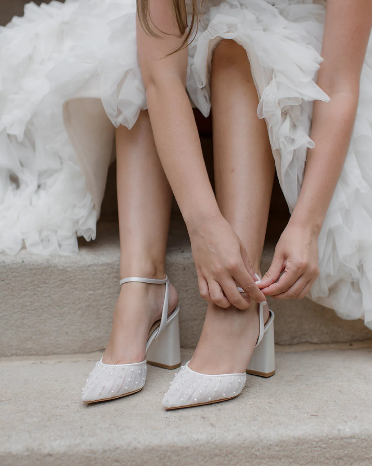 Elle - White Tulle Block Heeled Point with Handsewn Pearls